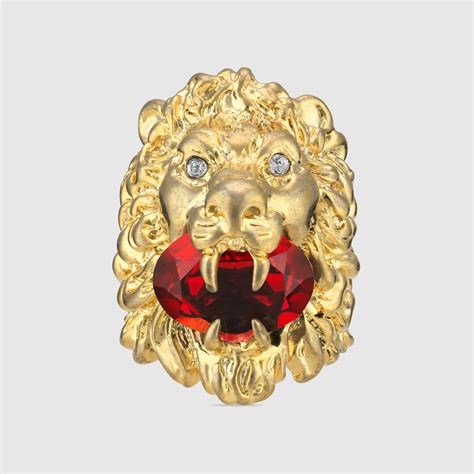 Lion head ring with crystal in aged gold